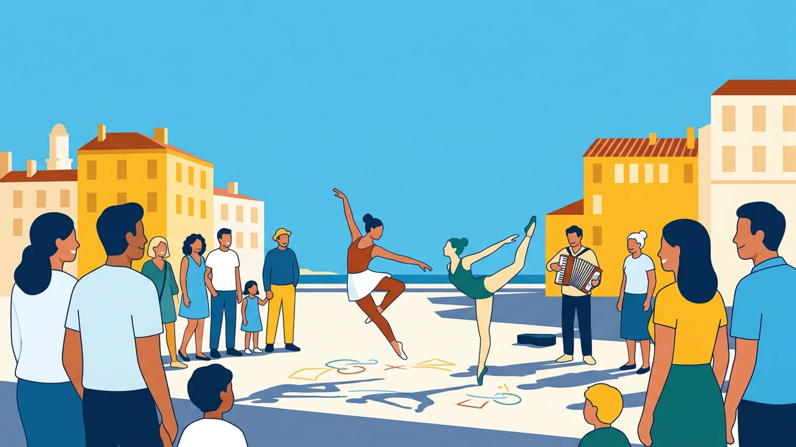 Danseuse et acrobate qui se produisent dans une rue aux façades ocre, passants rassemblés et accordéoniste