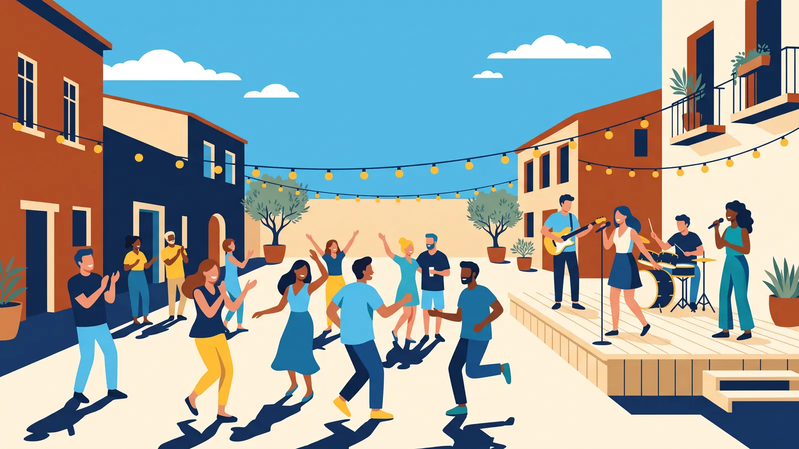 Concert en plein air dans une cour avec guirlandes lumineuses, un groupe sur scène et un public qui danse