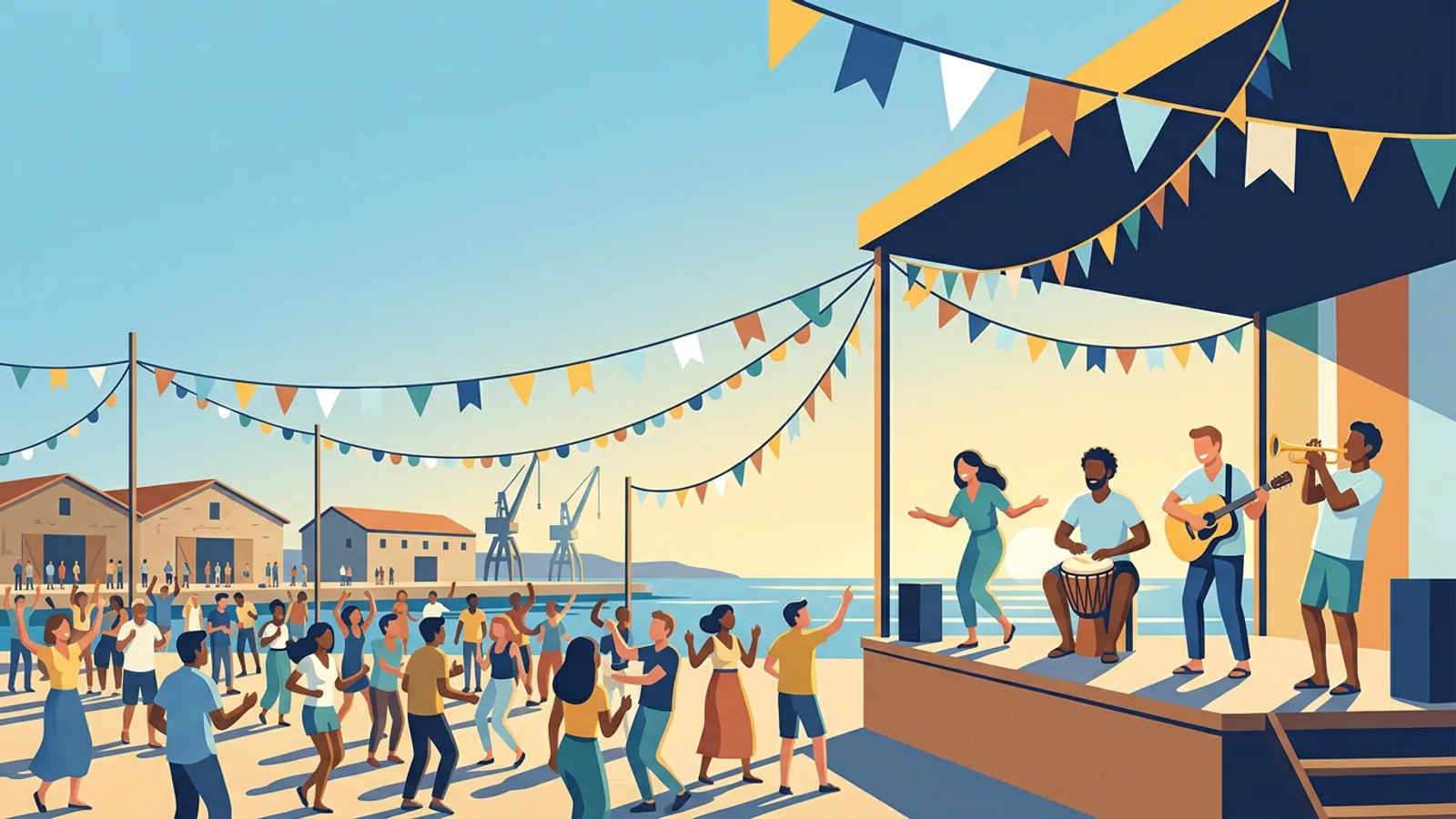 Festival de musique en plein air sur les docks, musiciens sur scène et public qui danse sous les fanions