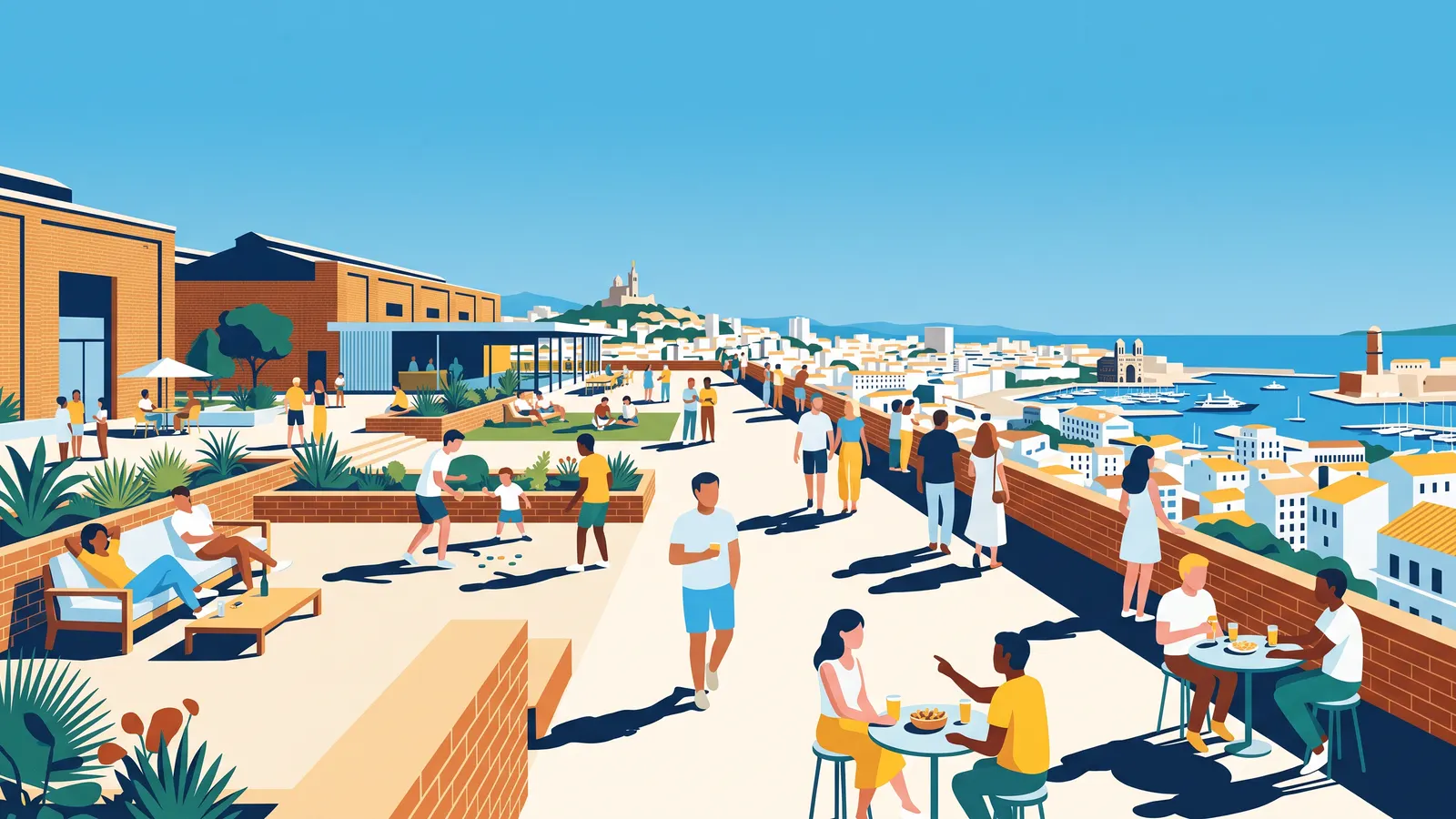 Grand toit-terrasse d’un lieu culturel en brique, avec des gens qui se détendent face au panorama de la ville