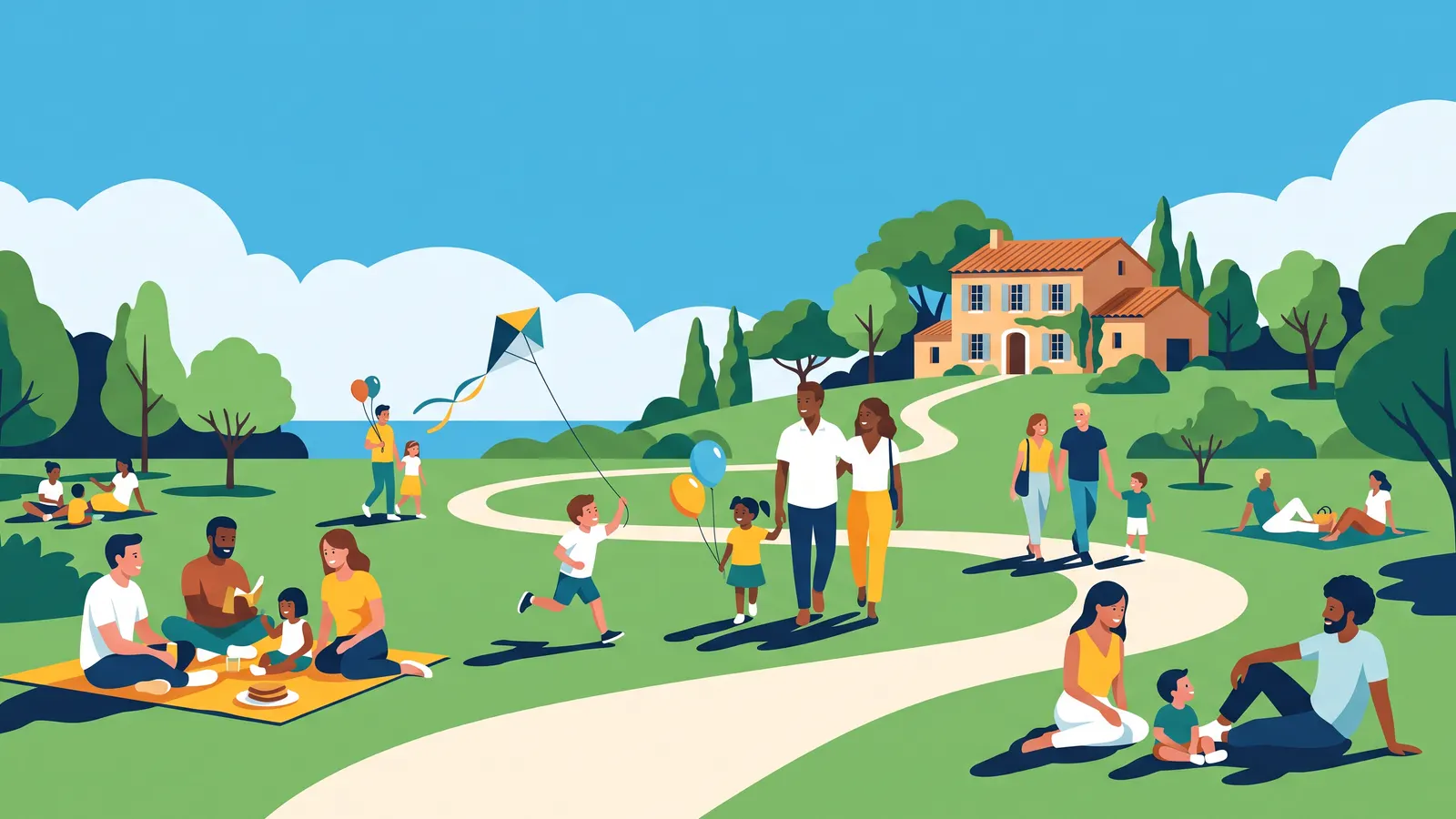 Familles dans un grand parc avec une bastide, enfants avec cerf-volant et ballons