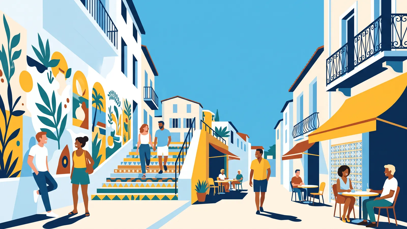 Rue en escaliers couverte de fresques colorées, passants et terrasses de café