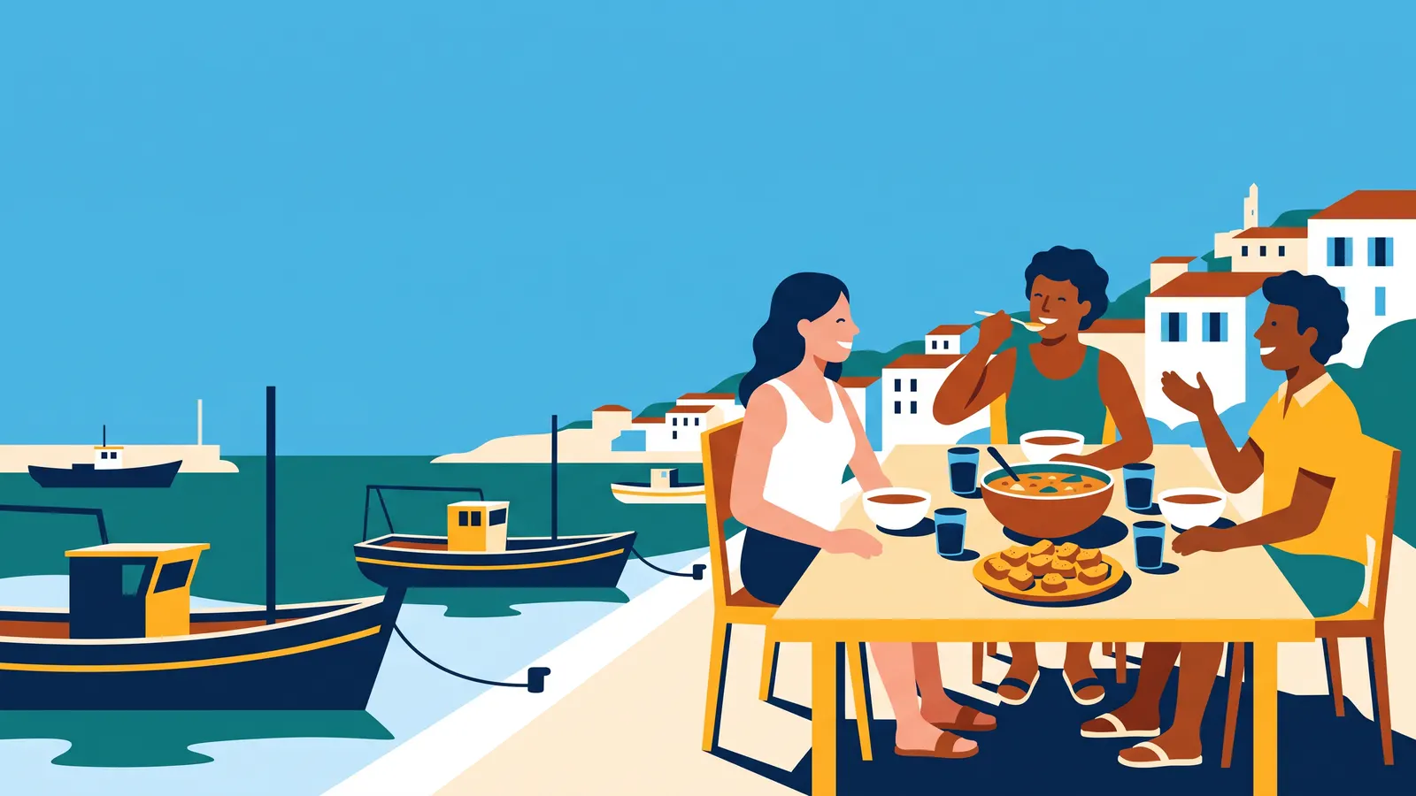 Amis attablés en terrasse au bord du port autour d’une soupe de poisson et de croûtons à la rouille