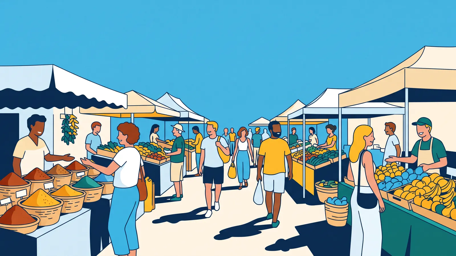 Marché coloré et animé avec étals d’épices, de fruits et de légumes