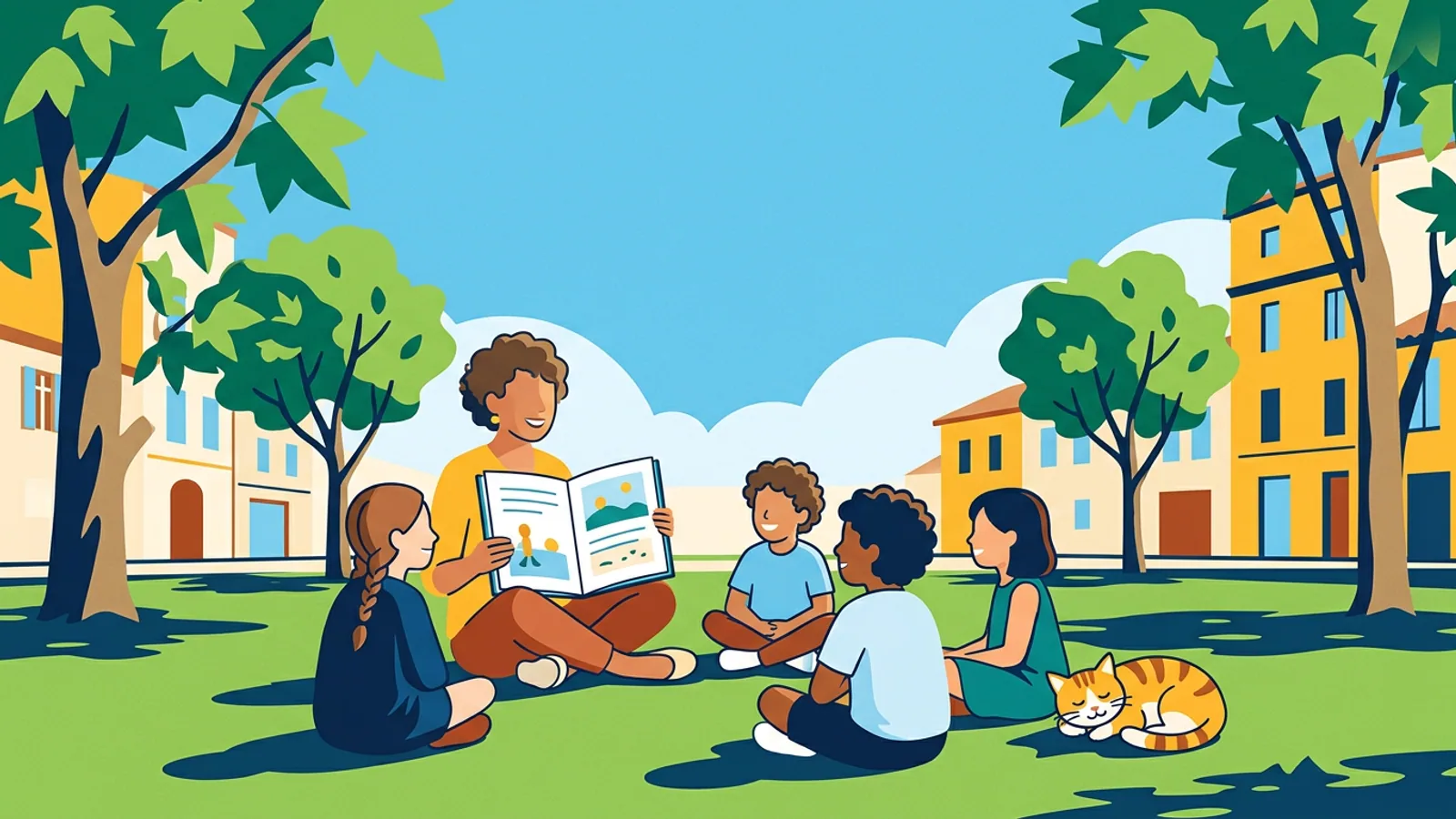 Enfants assis dans l'herbe autour d'une conteuse qui montre un grand album, un chat couché à côté