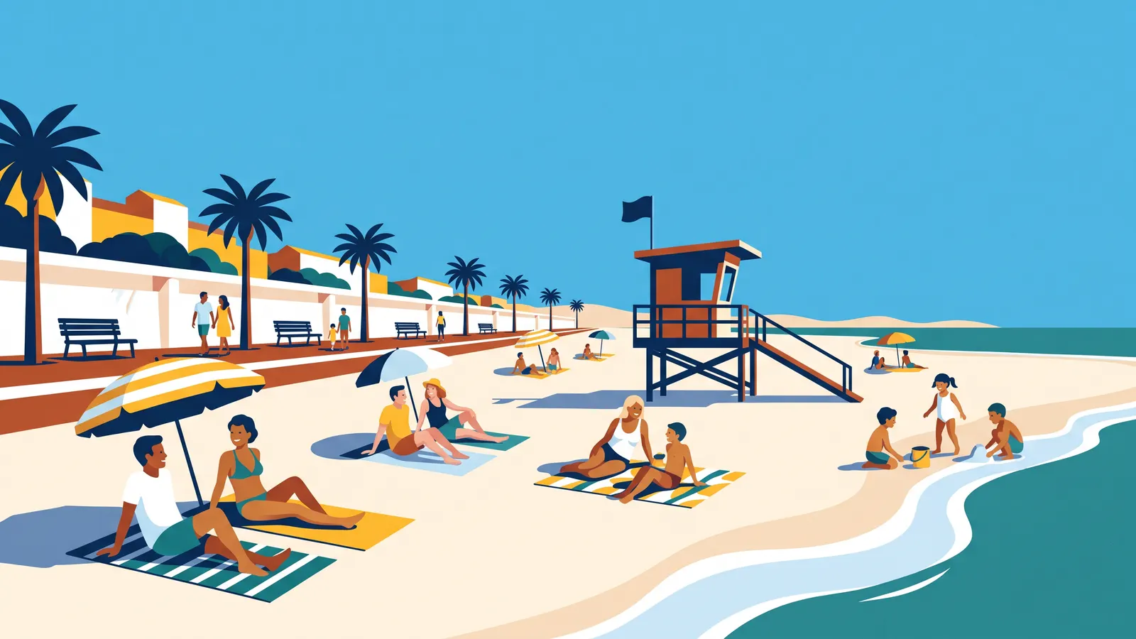 Familles sur une grande plage de sable en ville, avec un poste de secours et une promenade