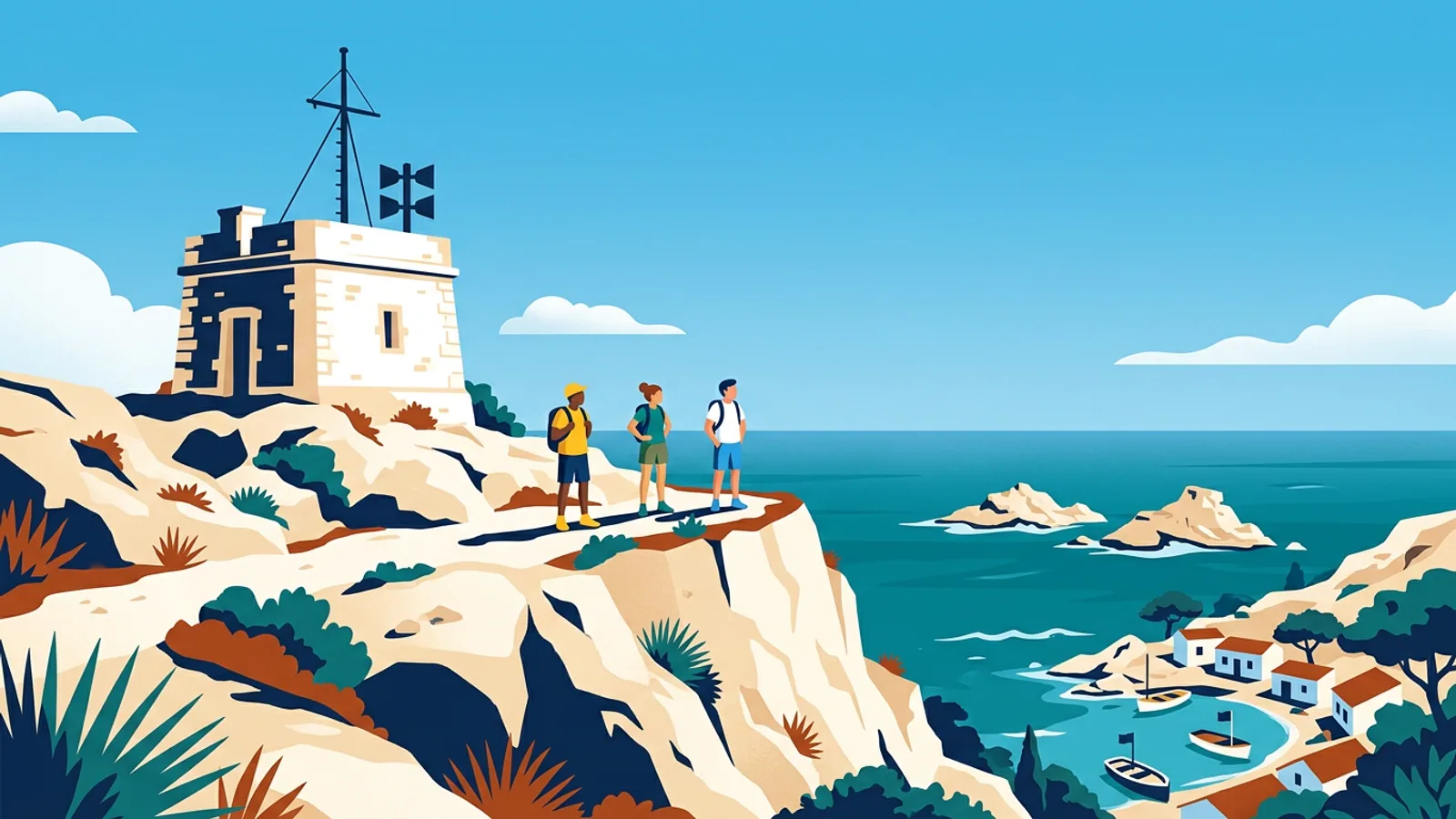 Ancien sémaphore de pierre blanche au sommet d'une falaise des Calanques, randonneurs face à la mer turquoise