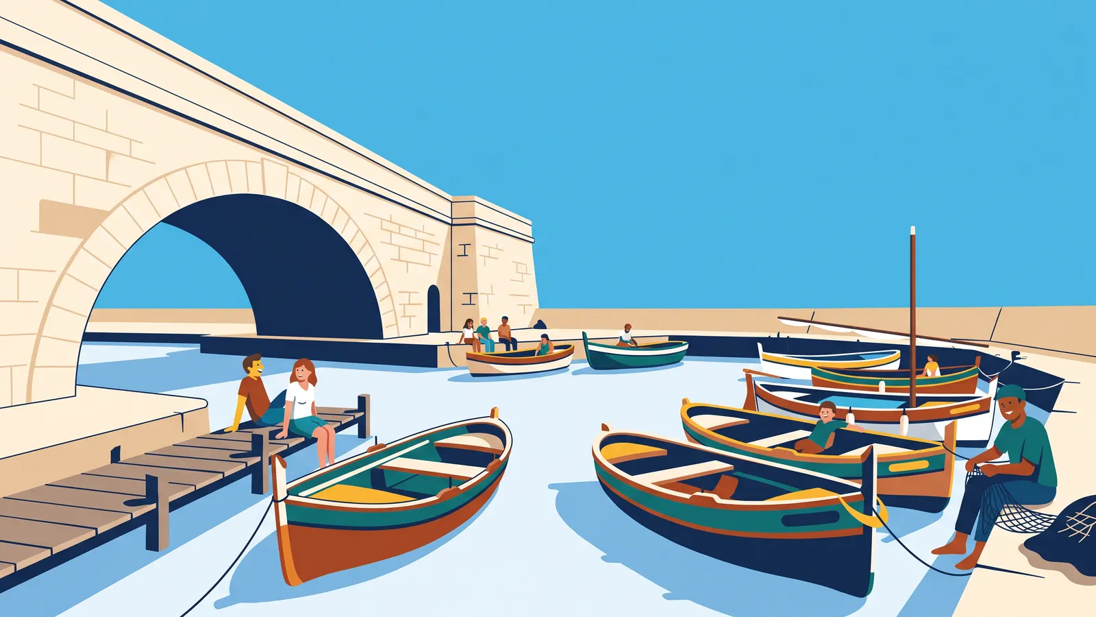 Barques de pêche colorées amarrées dans un petit port sous un pont de pierre
