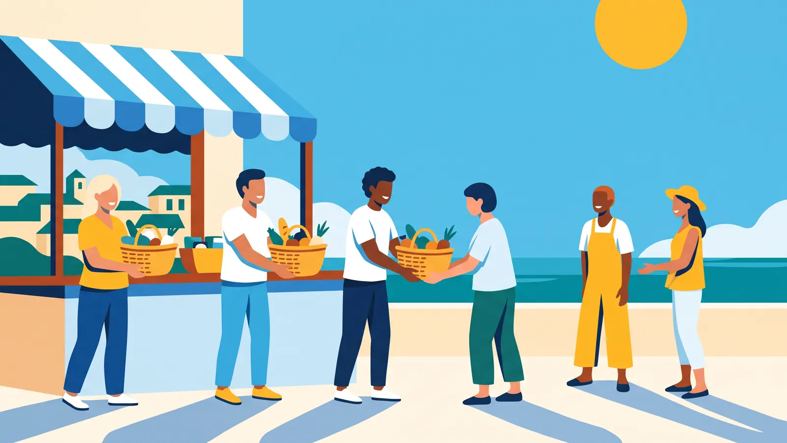 Bénévoles souriants qui distribuent des paniers de nourriture à un stand associatif