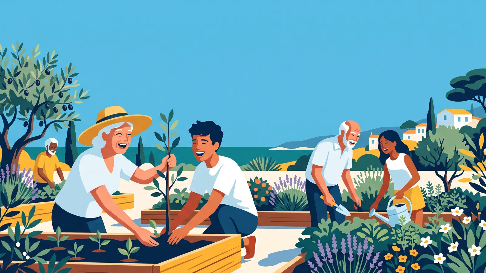 Seniors et adolescents qui jardinent et rient ensemble dans un jardin partagé