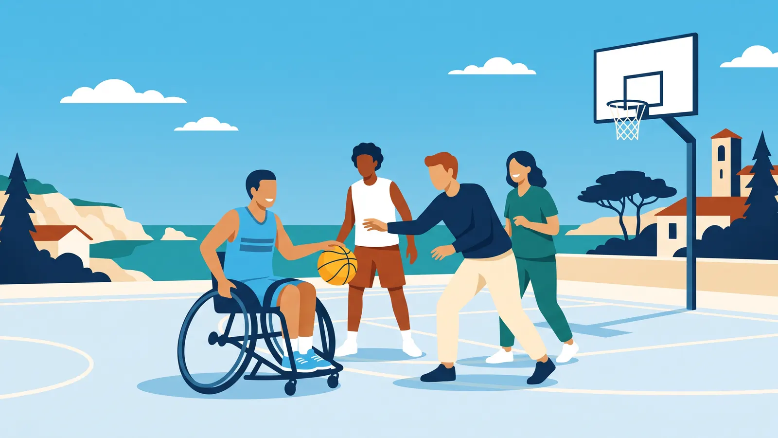 Séance de basket inclusive avec un joueur en fauteuil roulant et ses amis
