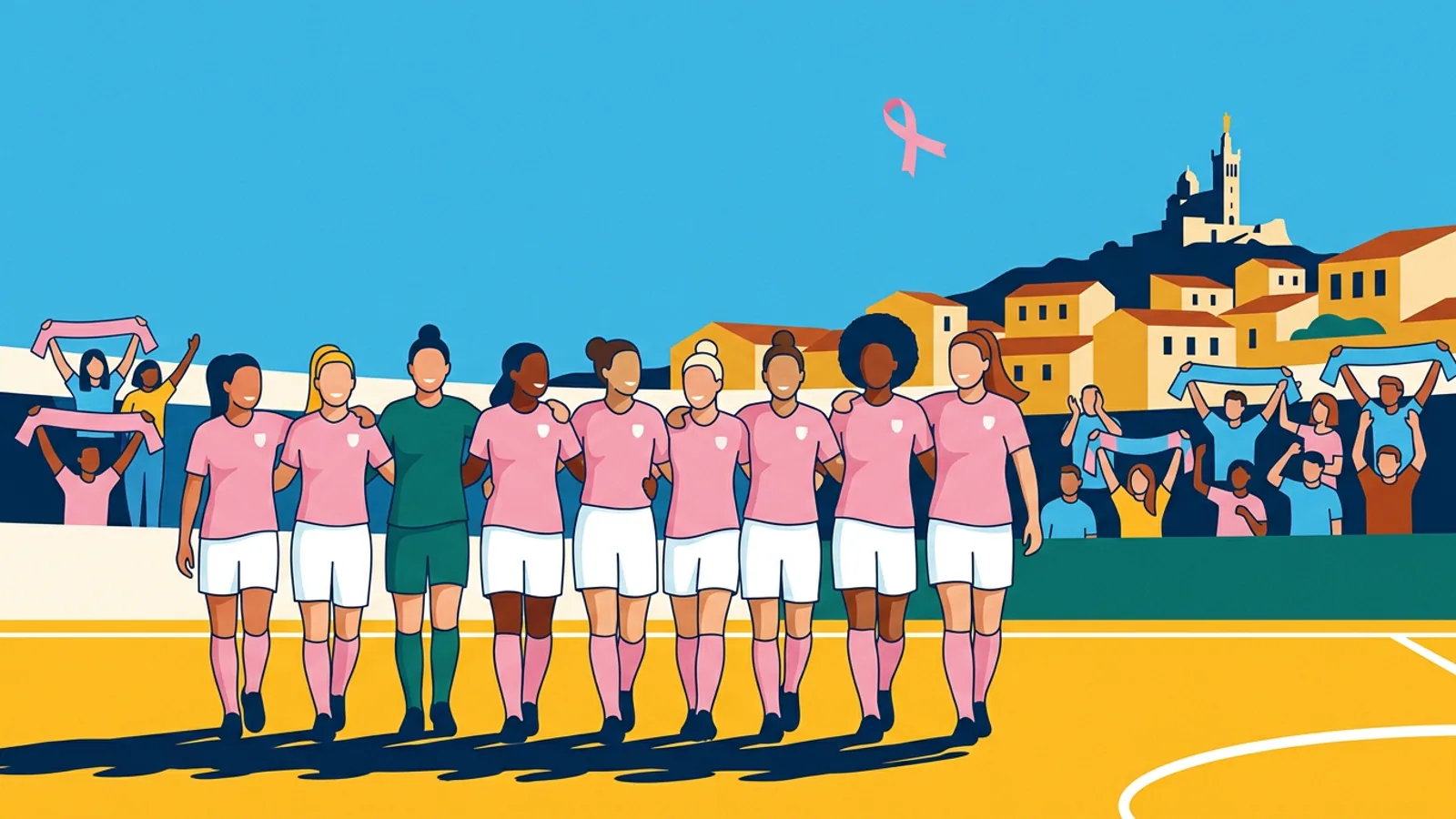 Joueuses de foot en maillot rose qui entrent sur le terrain bras dessus bras dessous, supporters en écharpes roses et Notre-Dame de la Garde au loin
