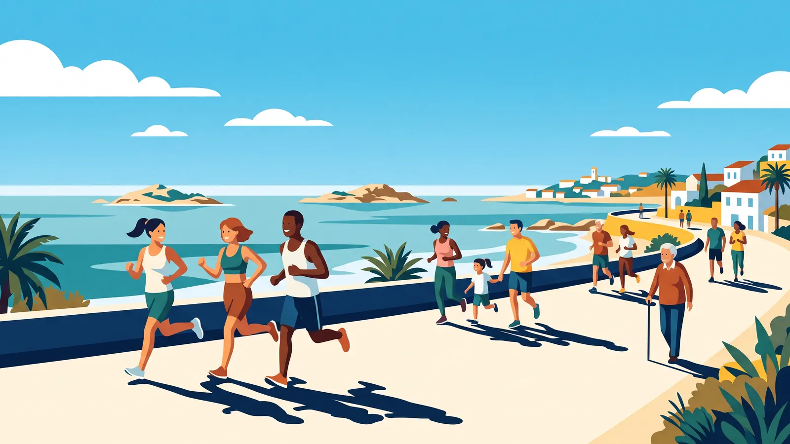 Coureurs de tous âges sur la Corniche, au bord de la mer, avec des îlots au large