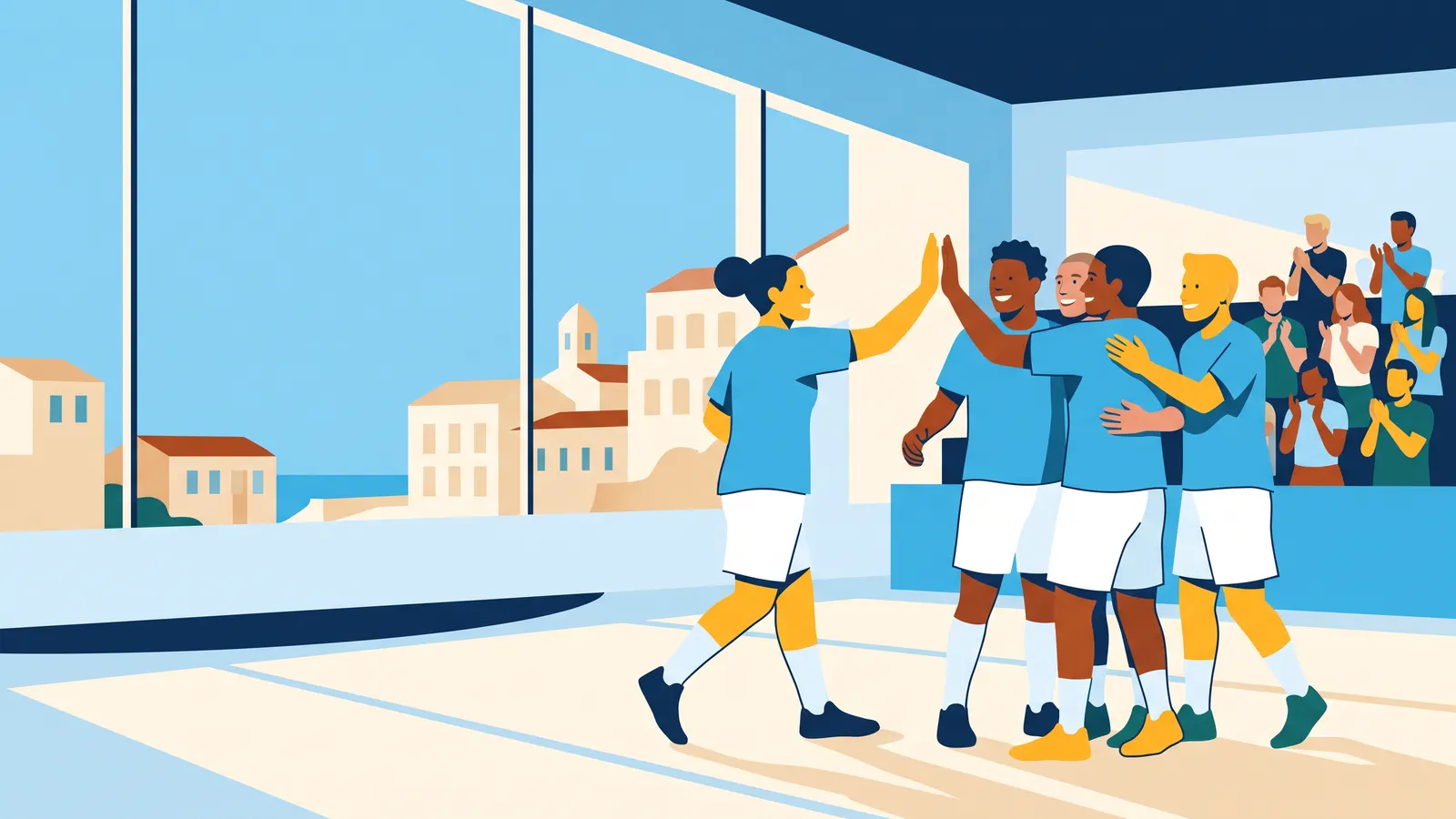 Joueuses et joueurs de handball en maillot bleu ciel qui se tapent dans la main après un but, dans une salle, public qui applaudit