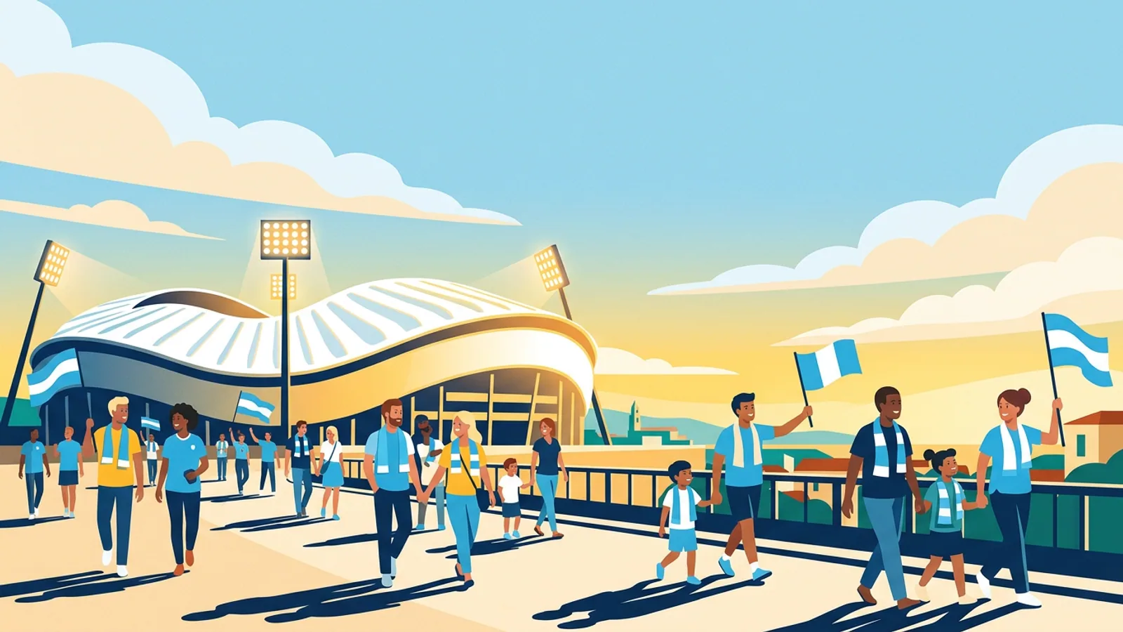 Supporters en écharpes bleu ciel et blanc qui marchent vers un grand stade au toit ondulé, au coucher du soleil