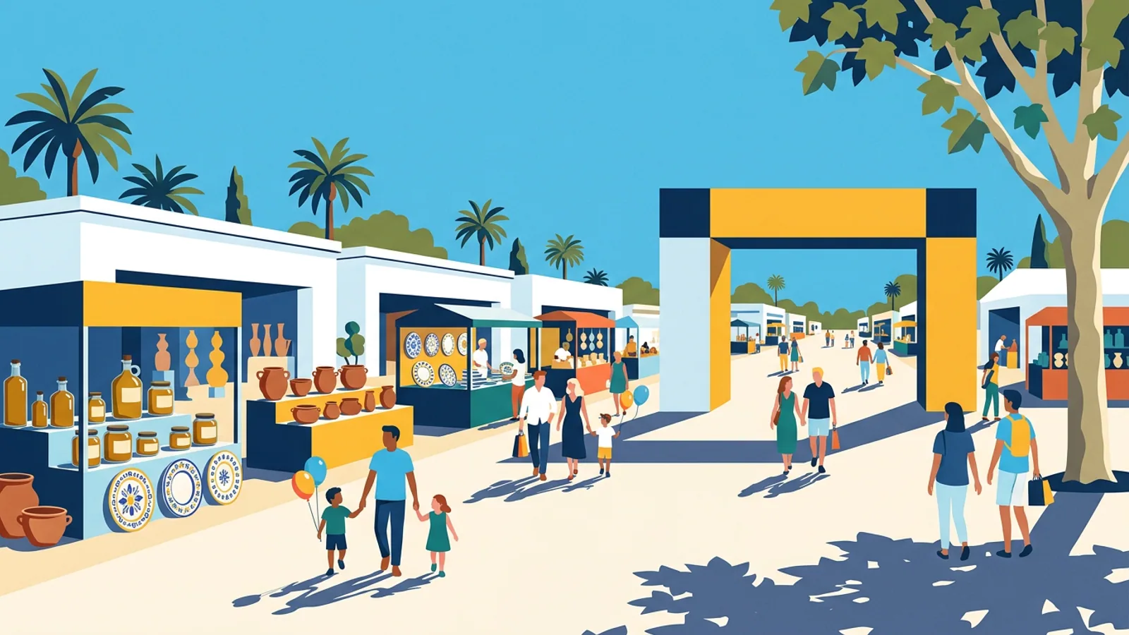 Grande foire dans un parc d'exposition, stands d'artisanat méditerranéen et familles qui se promènent