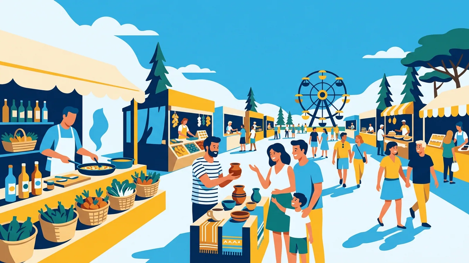 Visiteurs devant des stands de terroir et de poterie, avec une grande roue au fond d'un parc ensoleillé