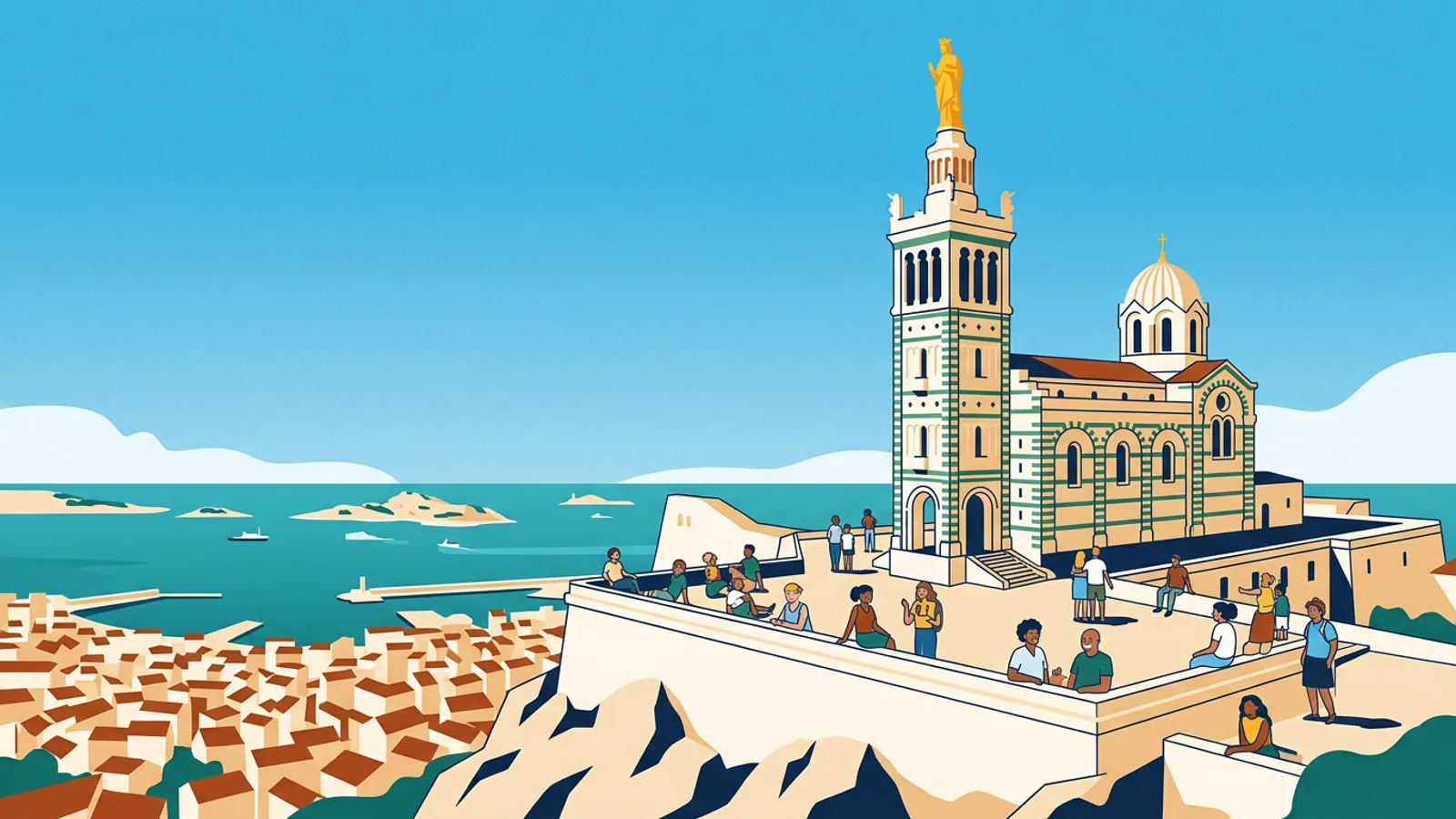 La basilique Notre-Dame de la Garde sur sa colline, visiteurs sur la terrasse, toits et mer en contrebas