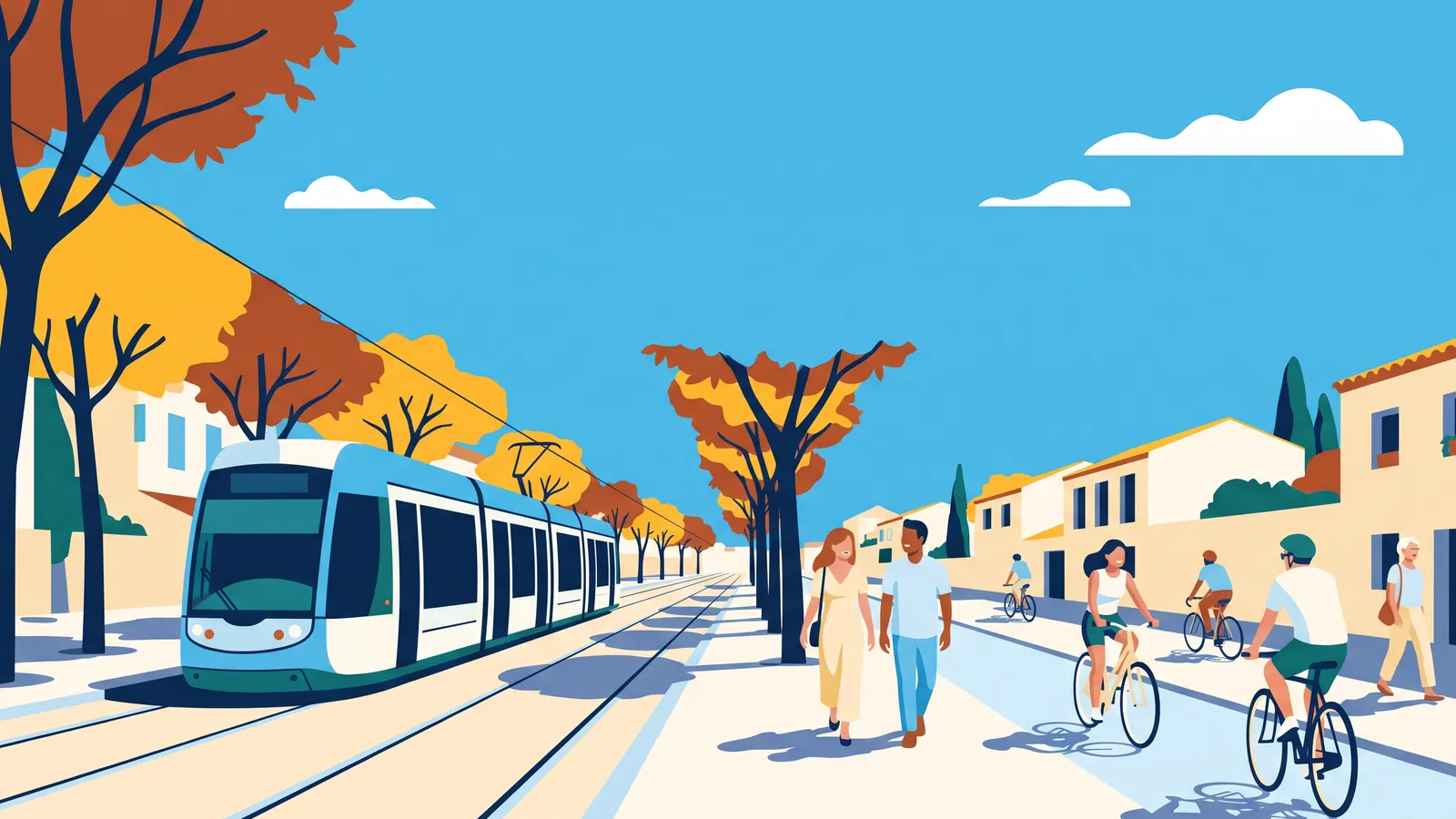 Tramway moderne sur une avenue arborée, avec piétons et cyclistes