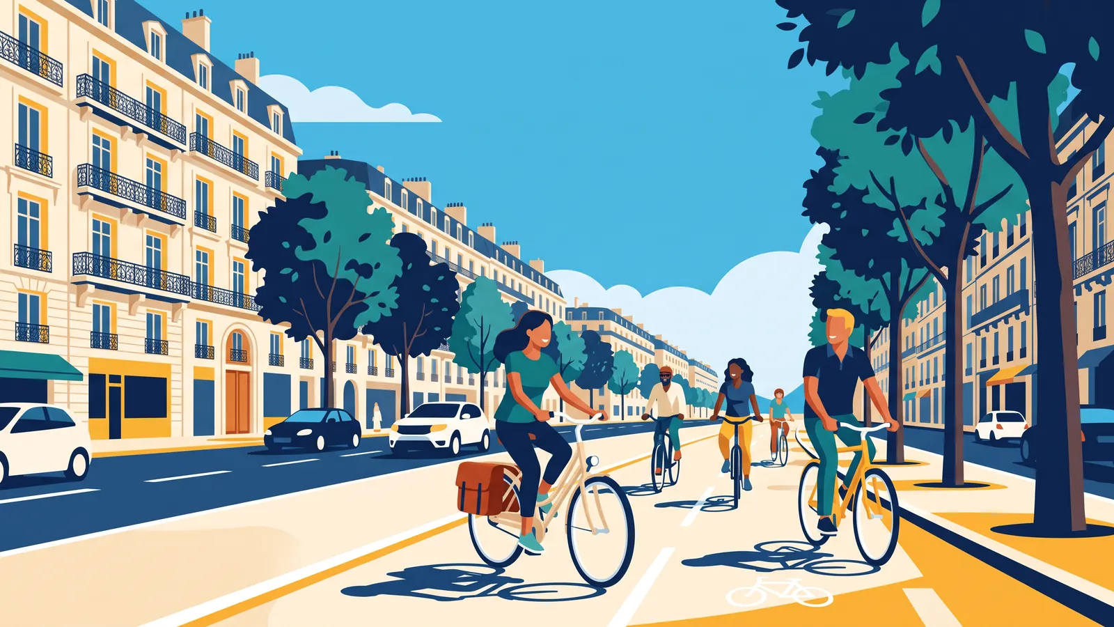 Cyclistes sur une large piste cyclable le long d’un boulevard bordé d’immeubles haussmanniens